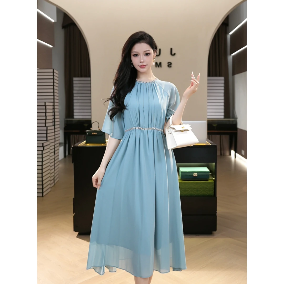 现货2025夏季新款【5004】法式度假风气质长裙收腰天蓝色连衣裙