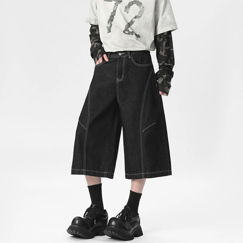 黑色辑明线拼接牛仔七分裤男美式潮牌设计感工装短裤阔腿八分裤子