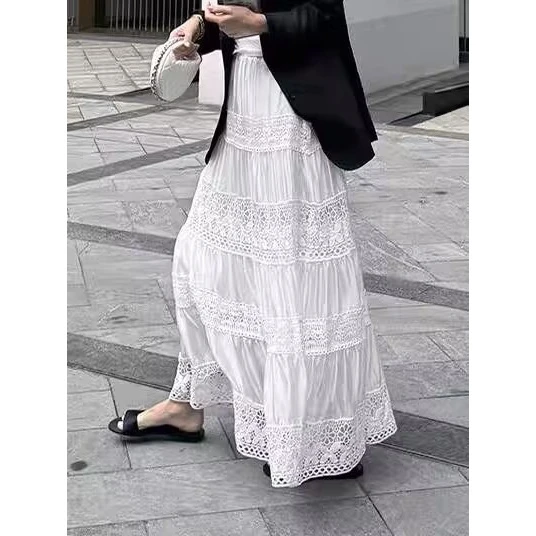 高级感裙子2025春季新款拼接蕾丝镂空设计白色半身裙法式气质长裙