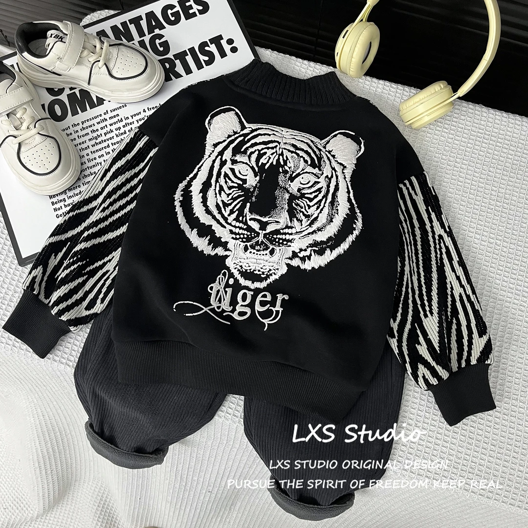 舅舅严选童装儿童冬季款老虎印花拼接韩版洋气一体绒卫衣 D22850