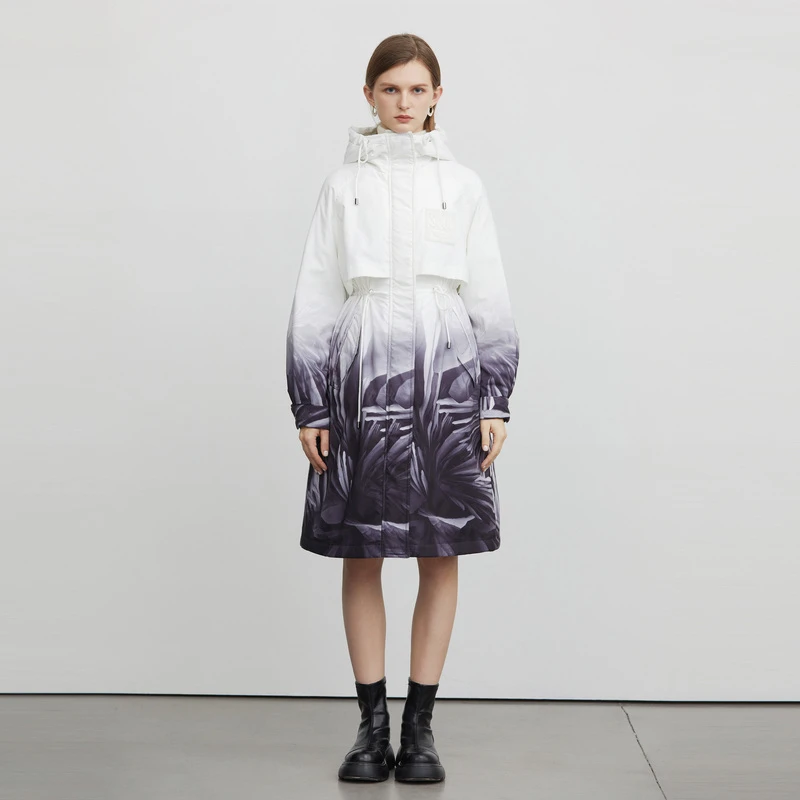 sdeer圣迪奥女装抽绳连帽收腰晕染派克棉服S224Z2302