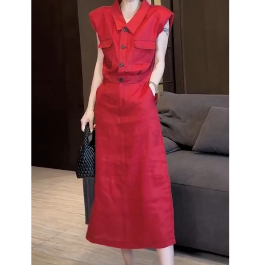 法式气质连衣裙翻领衬衫裙子通勤无袖夏季修身新款收腰开叉