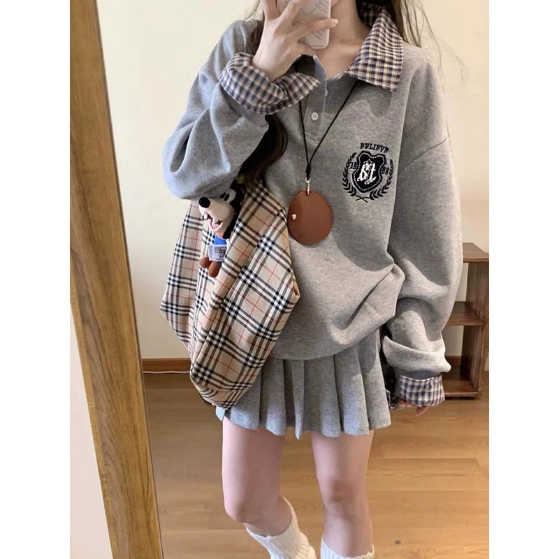 复古学院慵懒风假两件POLO领卫衣女春季薄款宽松拼接格子外套上衣