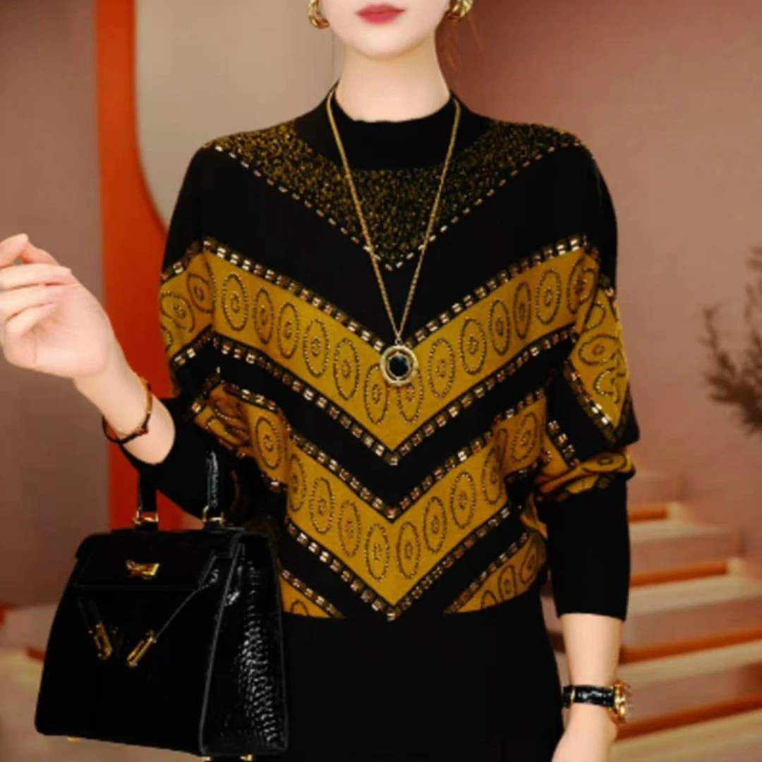 秋冬新款高档洋气烫钻圆领长袖毛衣针织衫女宽松显瘦气质减龄上衣