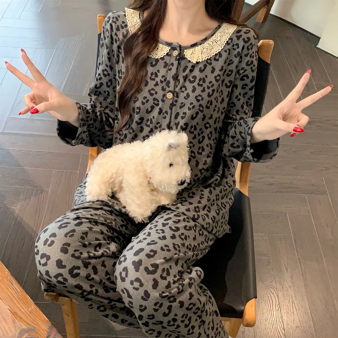 韩版ins风花边豹纹睡衣女款春秋季冬天家居服高级感加厚开衫套装