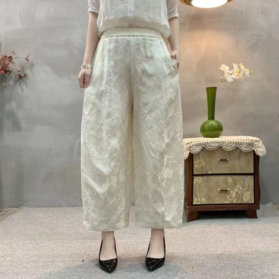 春夏新中式设计感宽松人丝花苞裤高腰显瘦直筒休闲裤女装九分裤