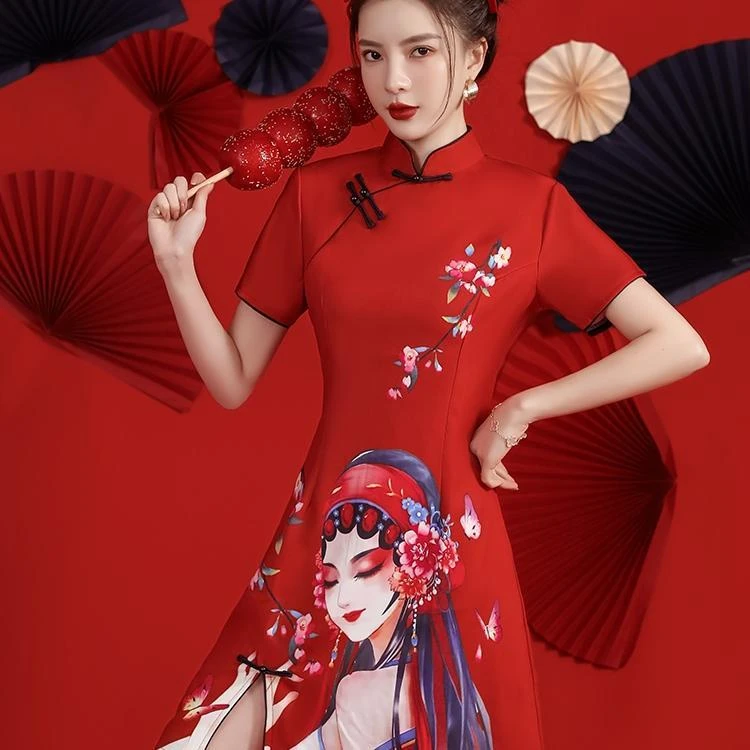 中国风京剧花旦红色连衣裙子女2022日常改良旗袍年轻款气质小个子