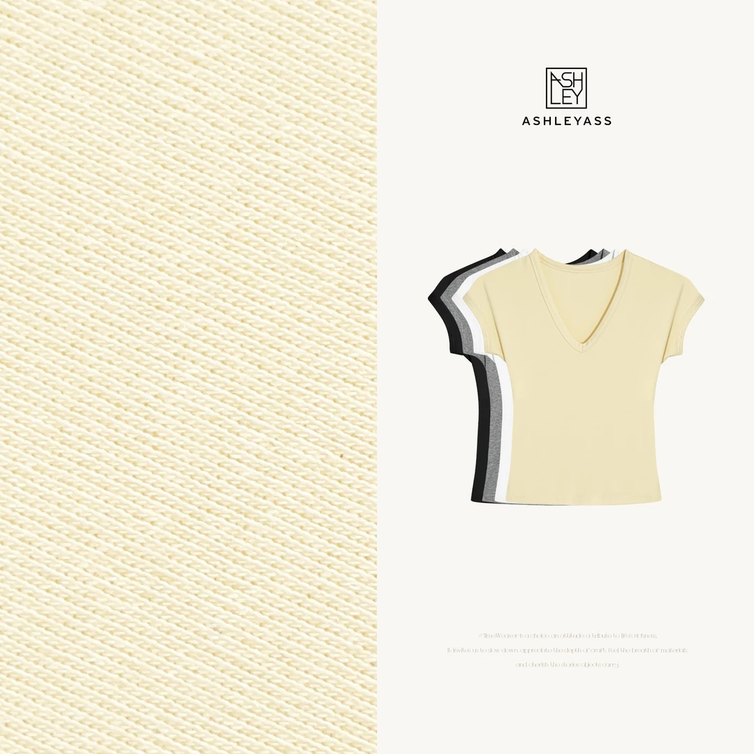 ashleyass“奶油T”衣橱必备法式V领连肩袖型弹性T恤LSS250185Y