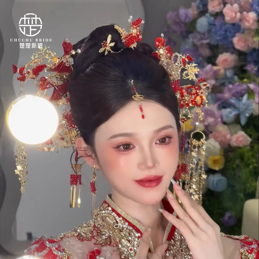 新款新中式秀禾头饰新娘大气红金色高级重工结婚汉服龙凤褂发饰