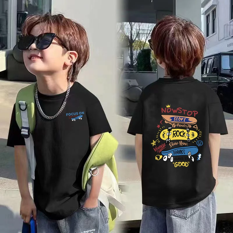 短袖滑板印花T恤中大童t恤韩版ins夏季休闲男洋气男童t恤宽松纯棉