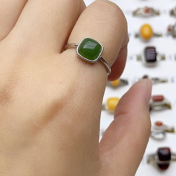 和田玉戒指银S925镶嵌天然