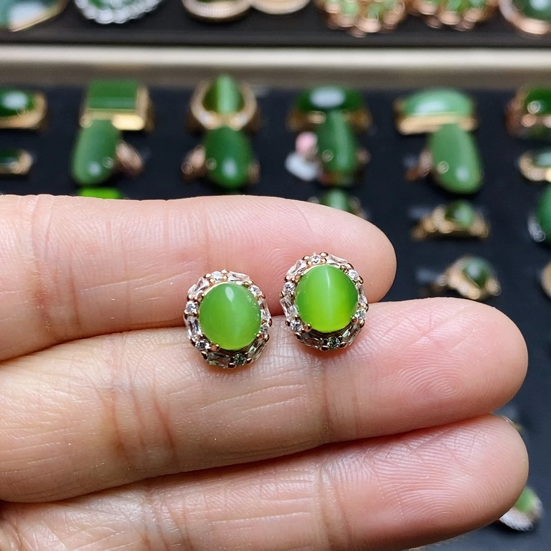 和田玉（碧玉）耳饰银S925镶嵌