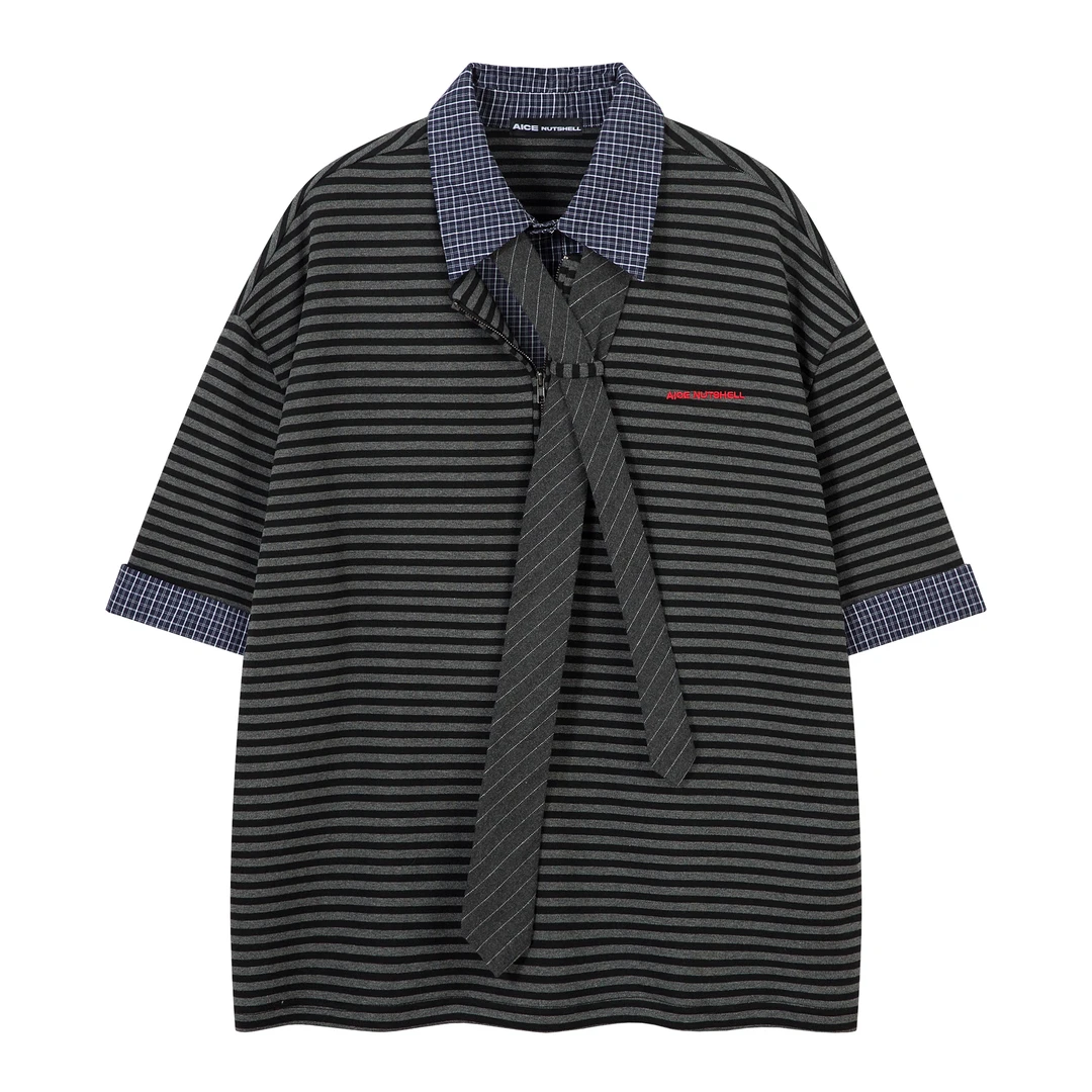 美式假两件拼接格纹衬衫短袖T恤男女夏季潮牌学院风休闲情侣半袖