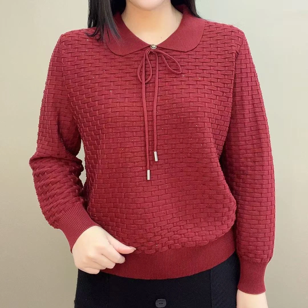 纯色格纹蝴蝶结翻领针织衫女遮肉显瘦毛衣时尚休闲百搭中老年女装