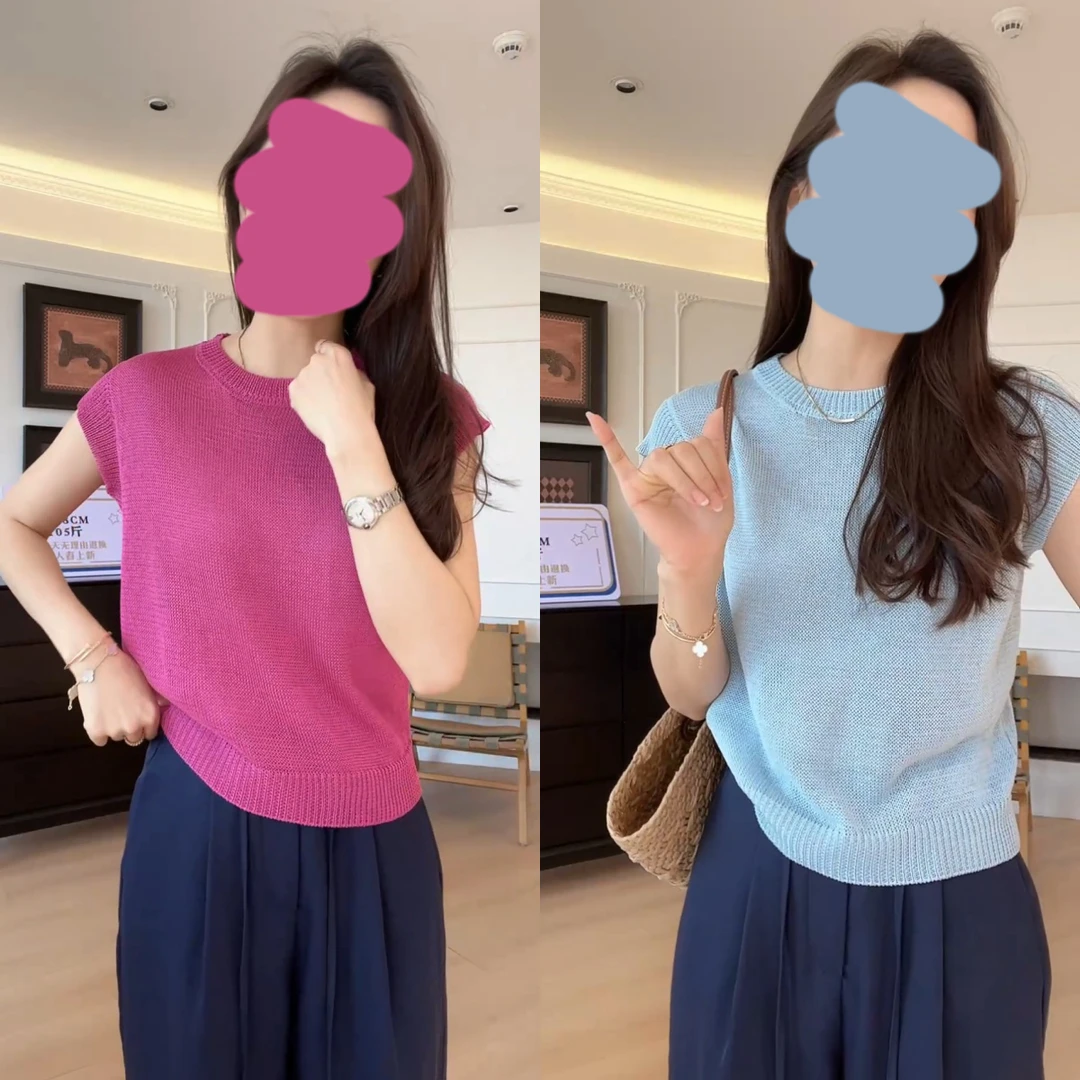 夏季休闲简约时尚百搭舒适针织衫女修身短袖多巴胺上衣无袖宽松