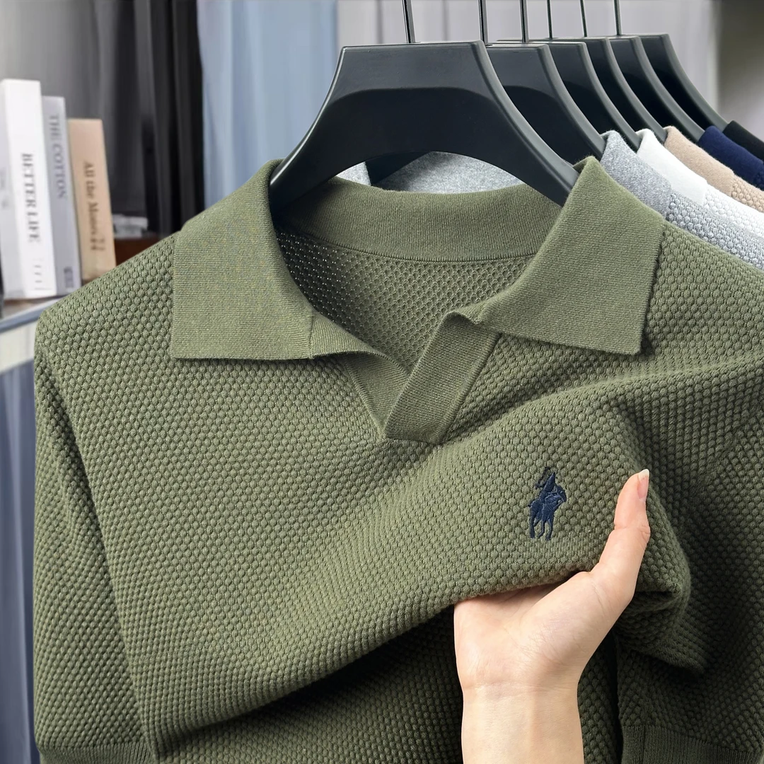 纯色菠萝纹肌理海鸥领夏季刺绣透气100棉时尚休闲针织POLO衫短袖T