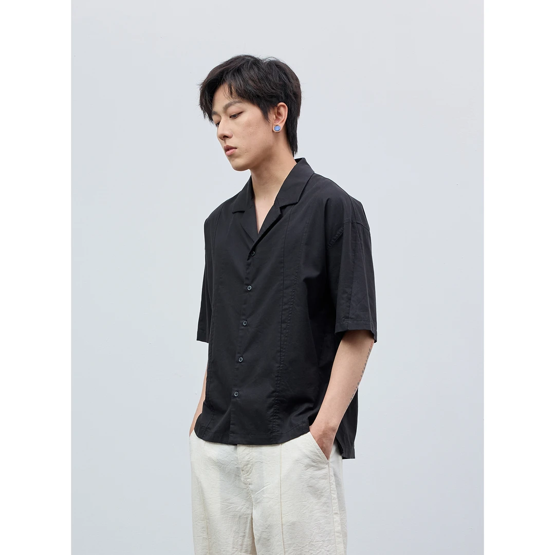 CostfulRo简约通勤男士短袖衬衫立体剪裁宽松休闲古巴领黑衬衫男