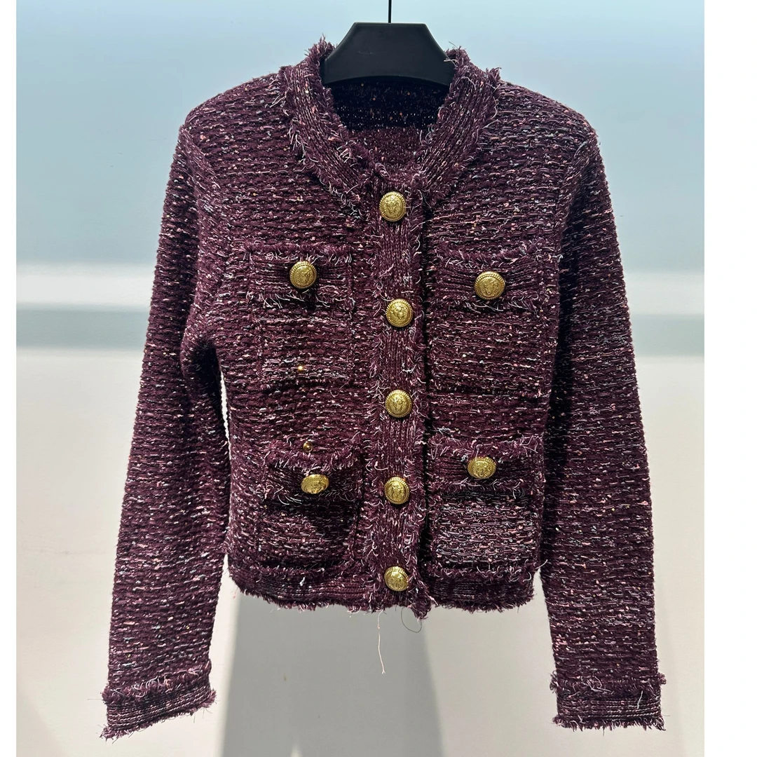 紫色金扣四口袋针织外套0003