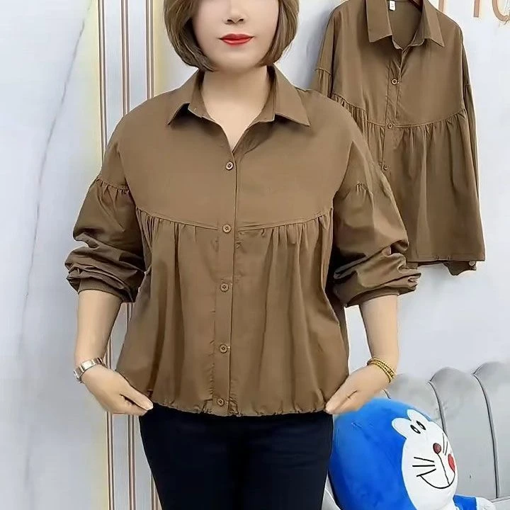 2025年秋季新款时尚长袖衬衫女气质大码宽松显瘦百搭纯色衬衣开衫