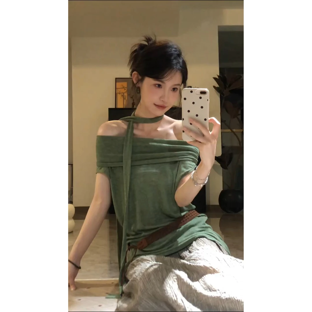 美式通勤简约斜肩多穿法绑带上衣夏季新款高腰慵懒半身裙两件套装