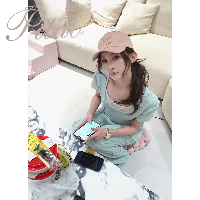 杜屁屁桃PITAO原创【海盐薄荷冰】夏季方领薄款时尚凉感上衣+休闲裤