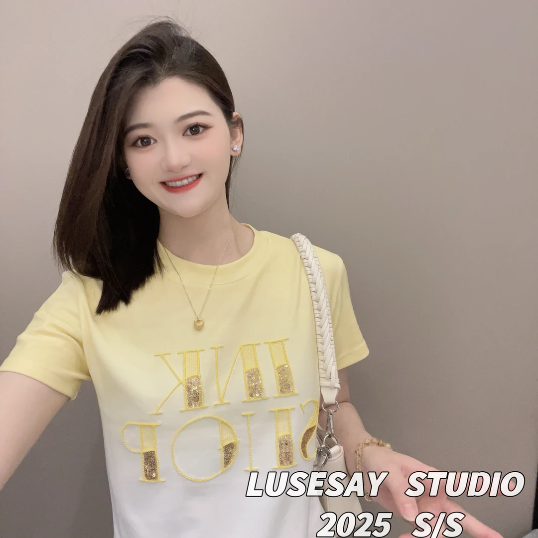 LUSESAY 亮片渐变晕染刺绣 2025夏季新款 短袖T恤女显瘦百搭上衣