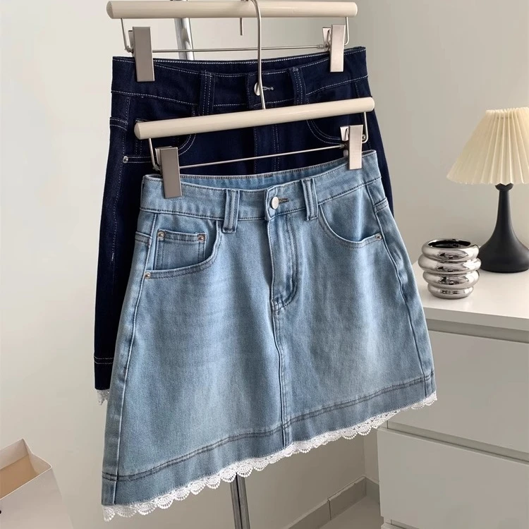 温柔减龄蕾丝花边A字牛仔短裙女夏季弹力百搭显瘦韩系高腰半身裙