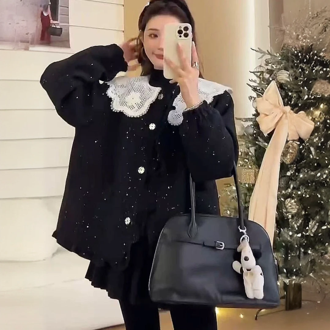 娃娃领蕾丝亮片拼接小香风棉服外套女24新款冬季名媛气质甜美上衣