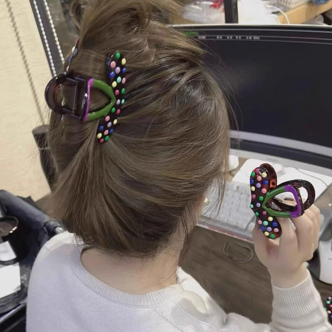 韩国东大门新款爱心彩色波点抓夹少女心后脑勺盘发鲨鱼夹可爱