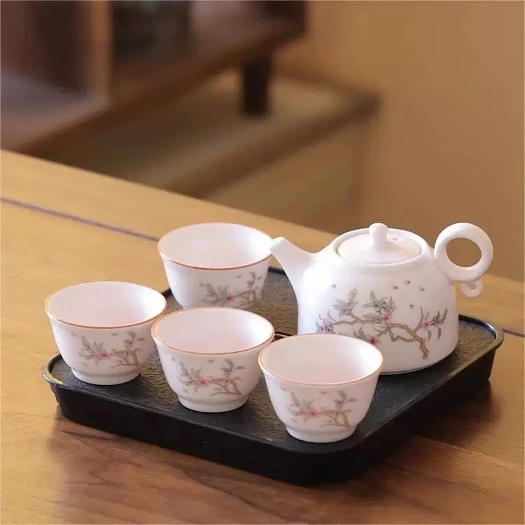 粉桃花一茶壶加四个杯加储水茶盘六件套家用简约中式陶瓷便携
