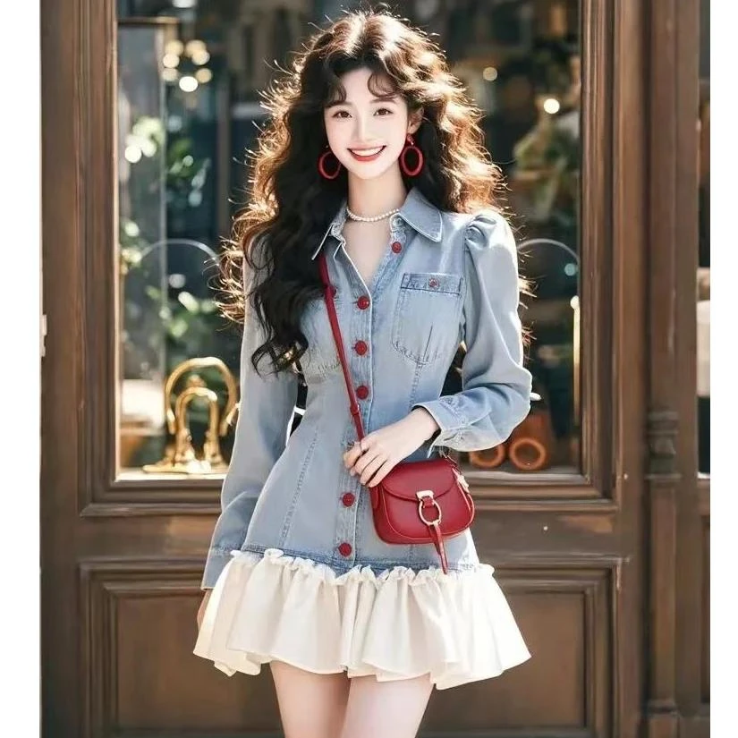 法式设计感拼接牛仔连衣裙女2025春季新款收腰显瘦短裙子时尚女装