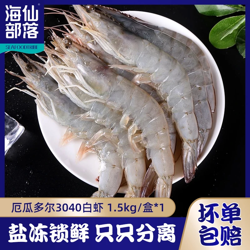 厄瓜多尔白虾（3040规格）新鲜南美白对虾盐冻大虾只只分离1.5KG/盒