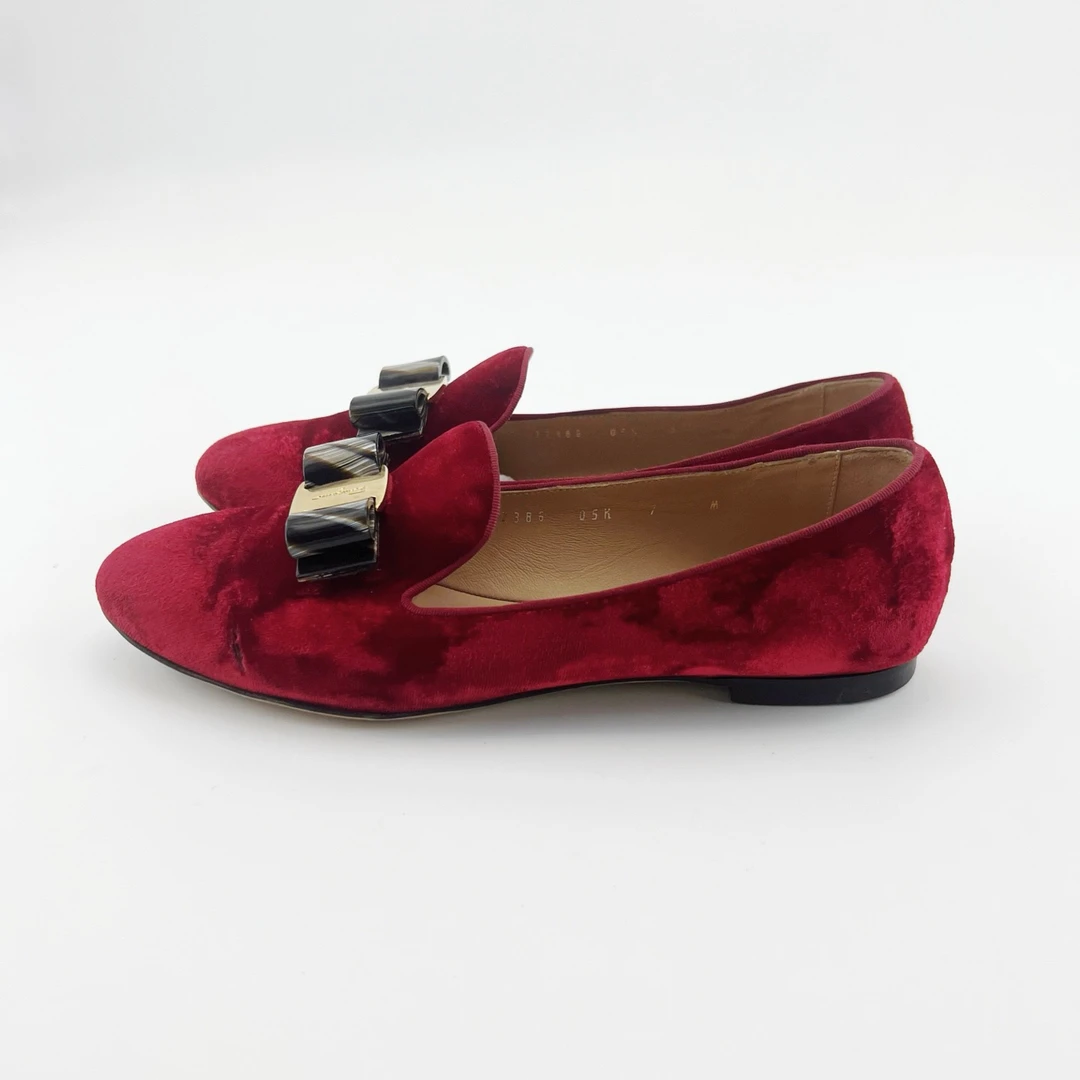 90新 FERRAGAMO/菲拉格慕 37.5码/红色绒面蝴蝶结平底鞋/14141882