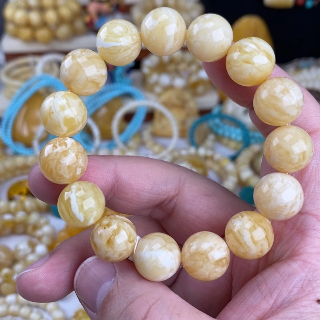 蜜蜡未镶嵌手链瓷白细纹蜡实虎皮纹14.3mm圆珠