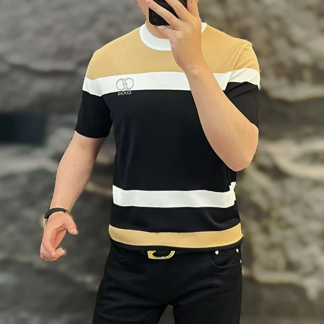 新款高端男士潮流百搭个性字母图案休闲短袖拼色针织T恤DXX05006