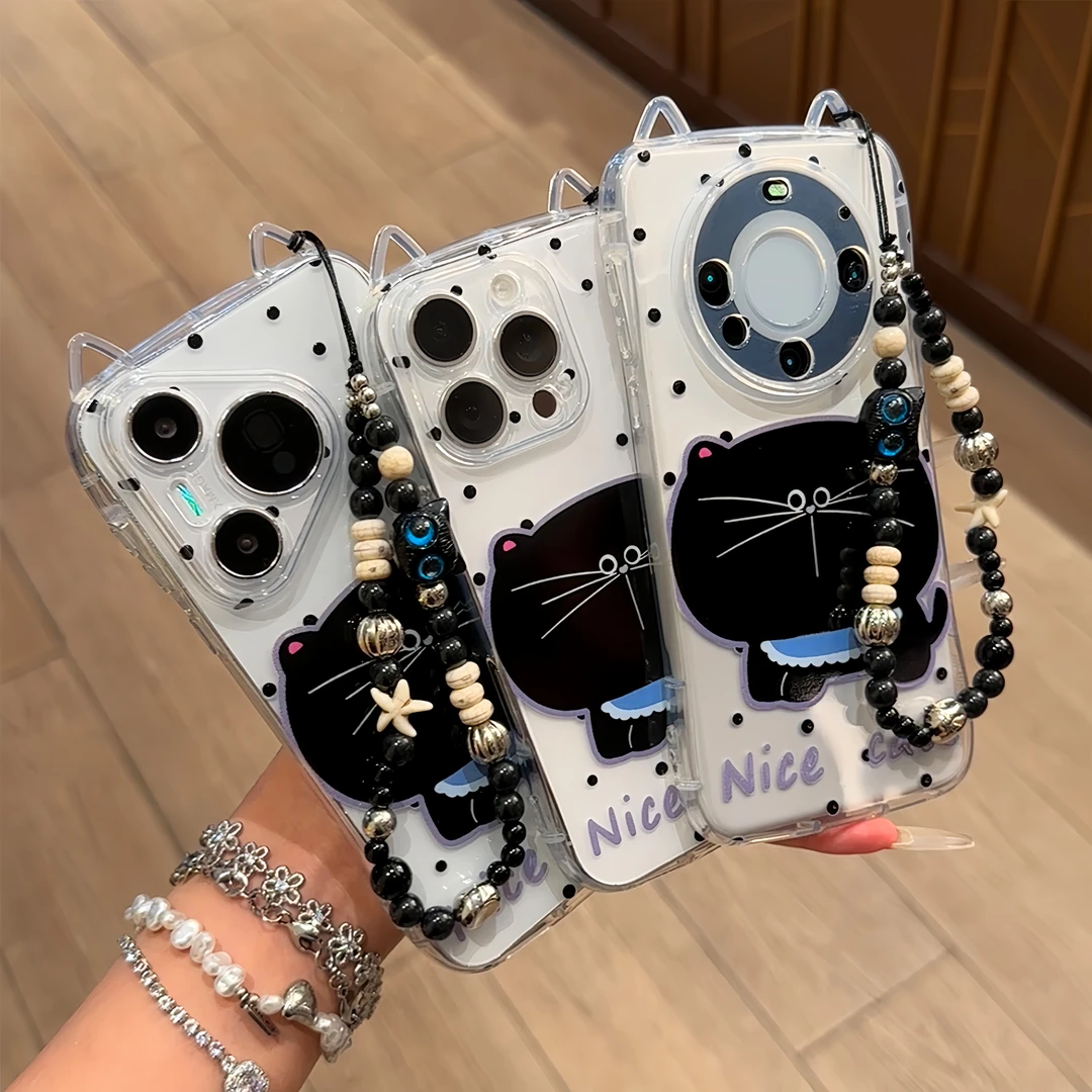 雅天立波点黑猫挂绳适用苹果17猫耳手机壳16/15软华为vivoppo小米