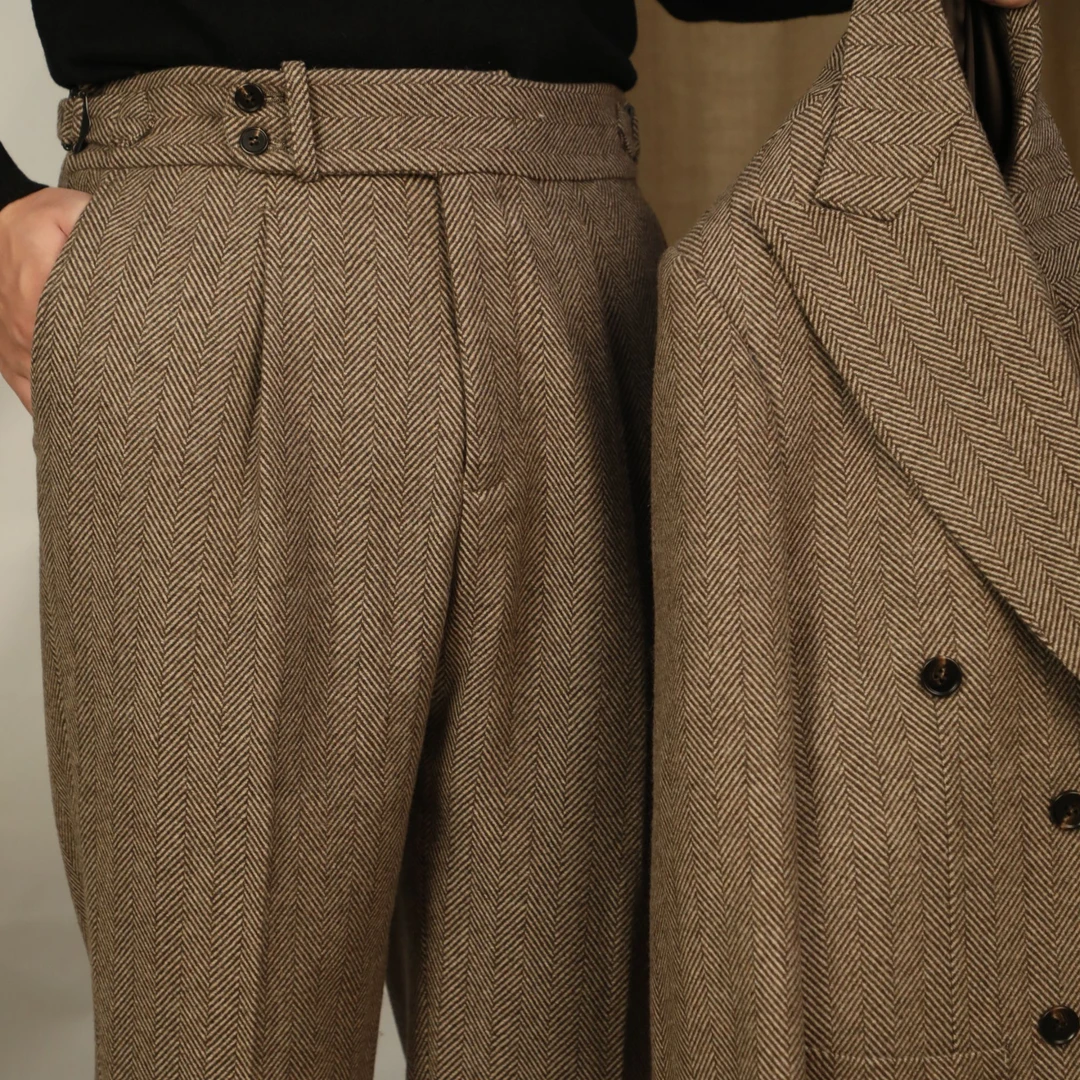 经典羊毛人字纹秋冬那不勒斯西裤毛呢休闲经典人字纹裤子男厚款