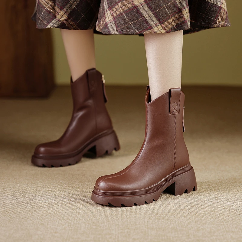牛皮5.5公分/复古英伦风厚底显瘦烟筒靴冬季保暖圆头瘦瘦靴短靴