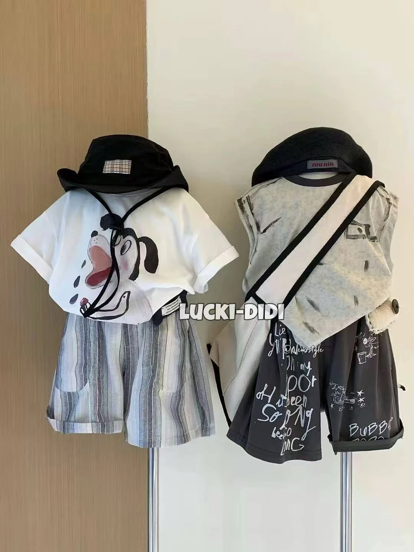 男童夏季韩版帅气设计感短袖T恤迷彩工装短裤套装中小童卡通印花