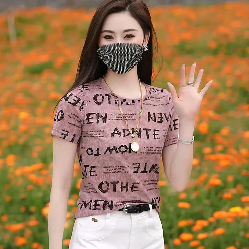时尚印花网纱女士t恤短袖夏季2025新款薄款薄纱宽松遮肉半袖上衣