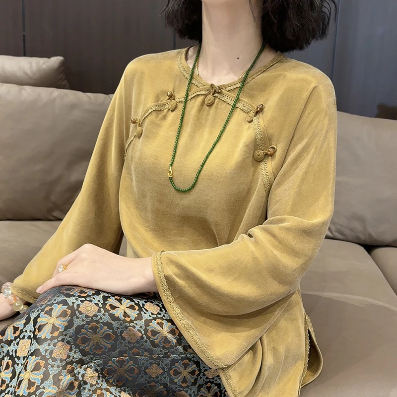 高级感复古风轻奢洋气小众姜黄色盘扣小衫印花阔腿裤春秋洋气套装