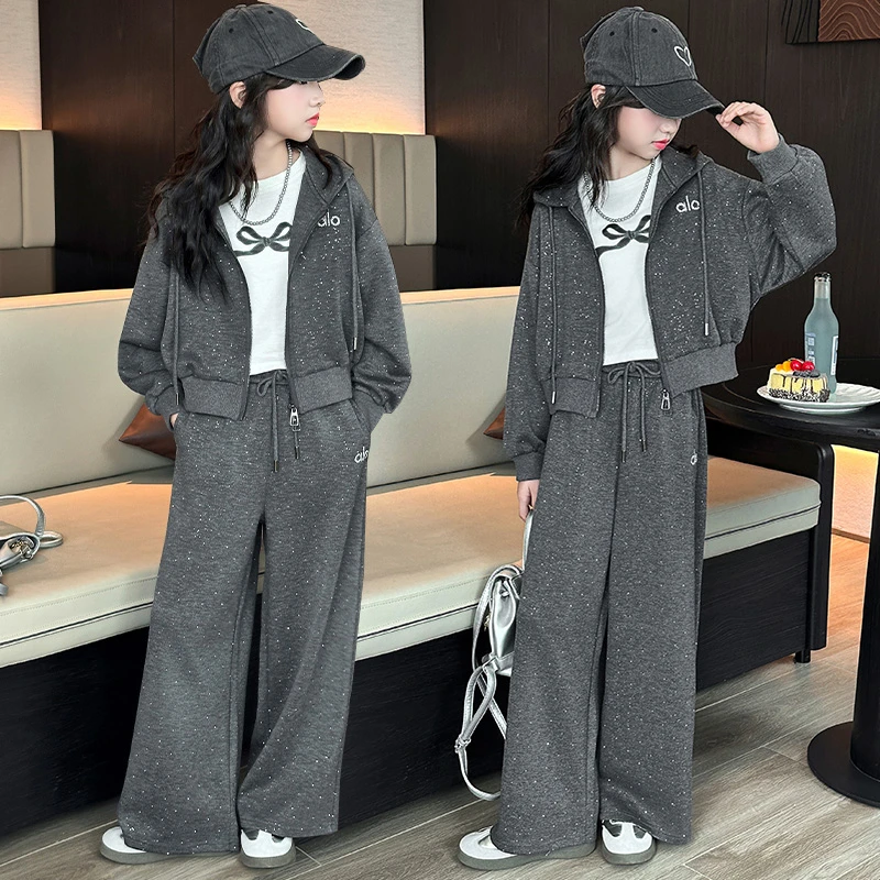 女童套装2025春秋新款儿童韩版休闲连帽外套运动中大童新款两件套