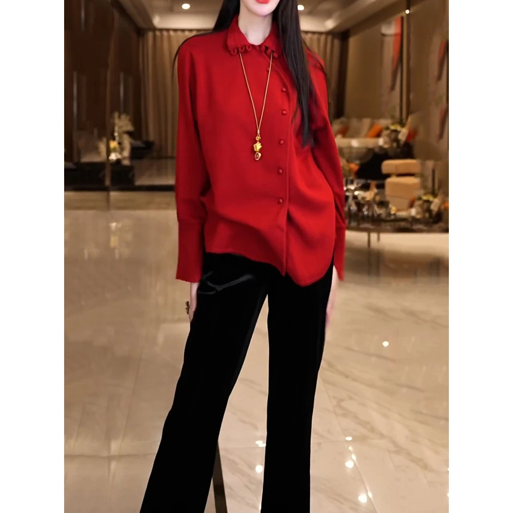 时尚洋气显瘦裤套装2025冬季新款休闲百搭高领减龄纯色衬衫+裤子