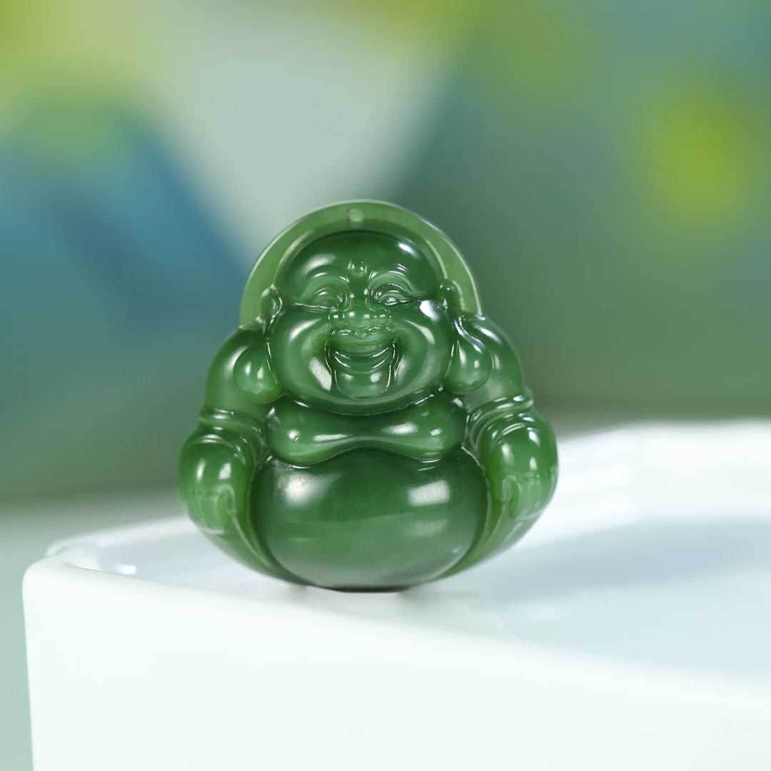 玉欢喜/和田玉碧玉辣色佛公藏品级吊坠
