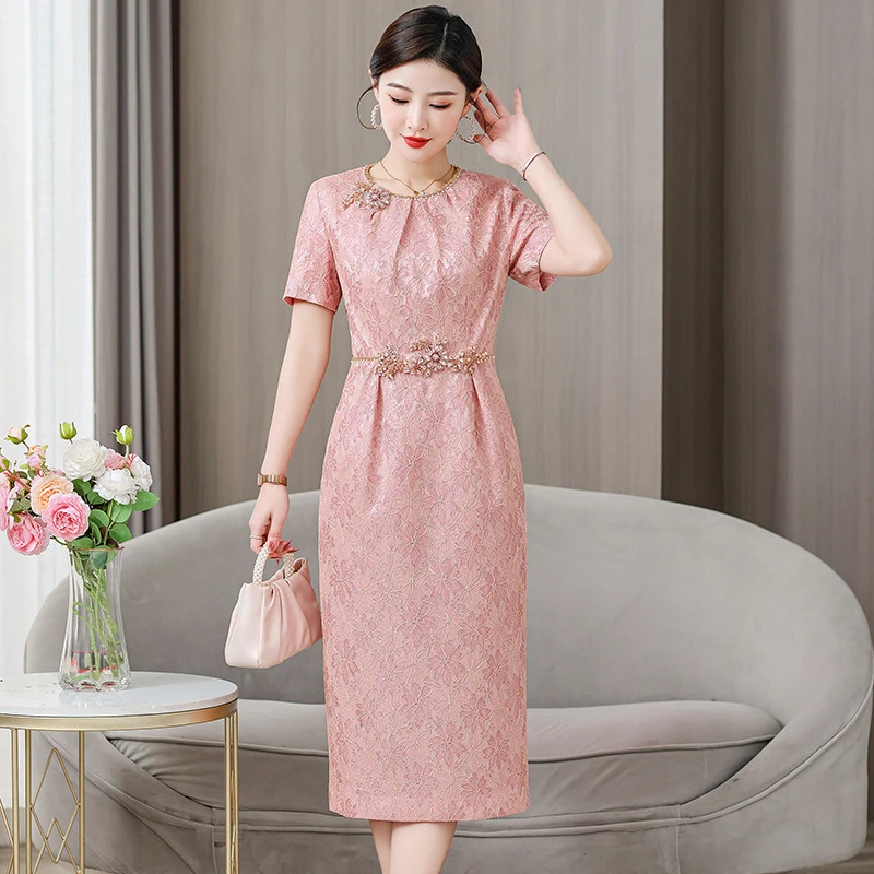 yqwl5563喜婆婆婚宴装礼服裙2025夏季妈妈装气质优雅粉色连衣裙女