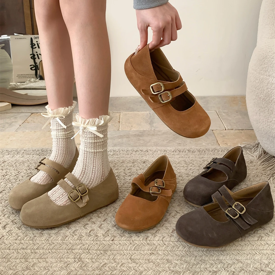 内增高3CM~复古真皮浅口勃肯鞋女春秋森系丑萌双扣玛丽珍鞋豆豆鞋