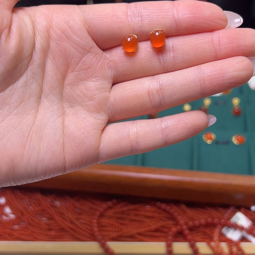 南红玛瑙银S925镶嵌耳钉耳钉