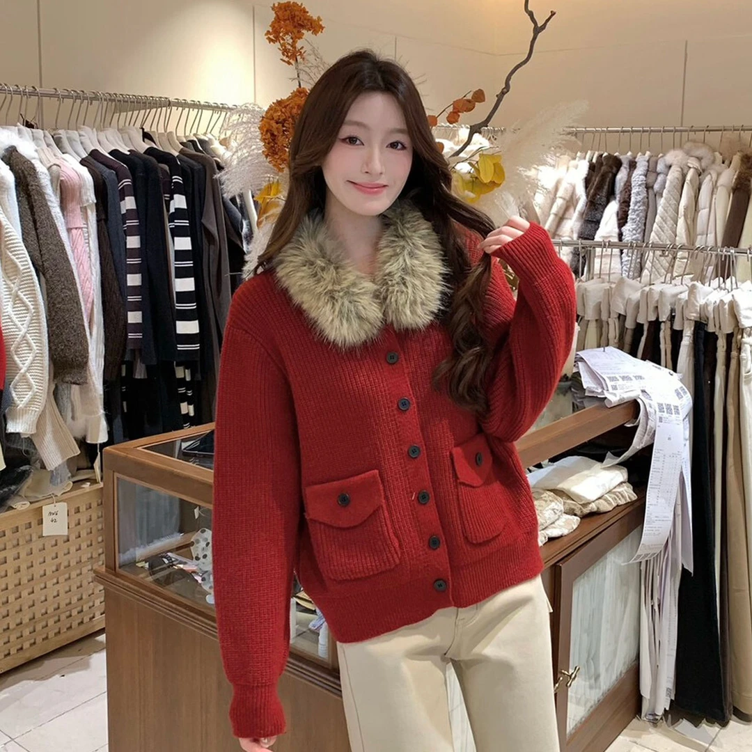 跨年新年毛毛领红色毛衣女秋冬宽松慵懒风高级感加厚针织开衫外套