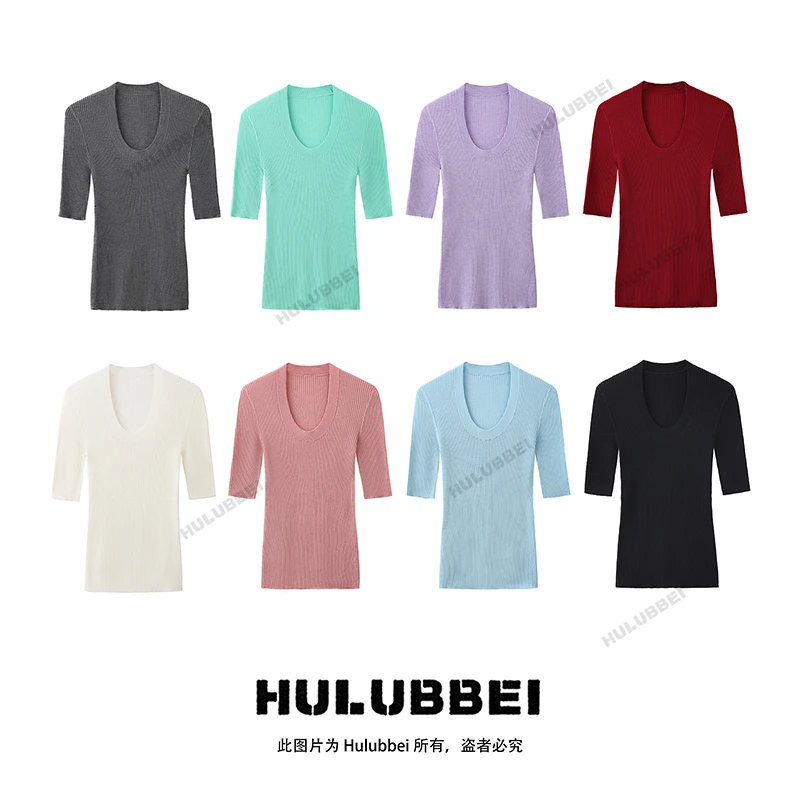 【HULUBBI】25新款U领中袖超细扬子纱夏季纯色套头轻奢上衣欧若风