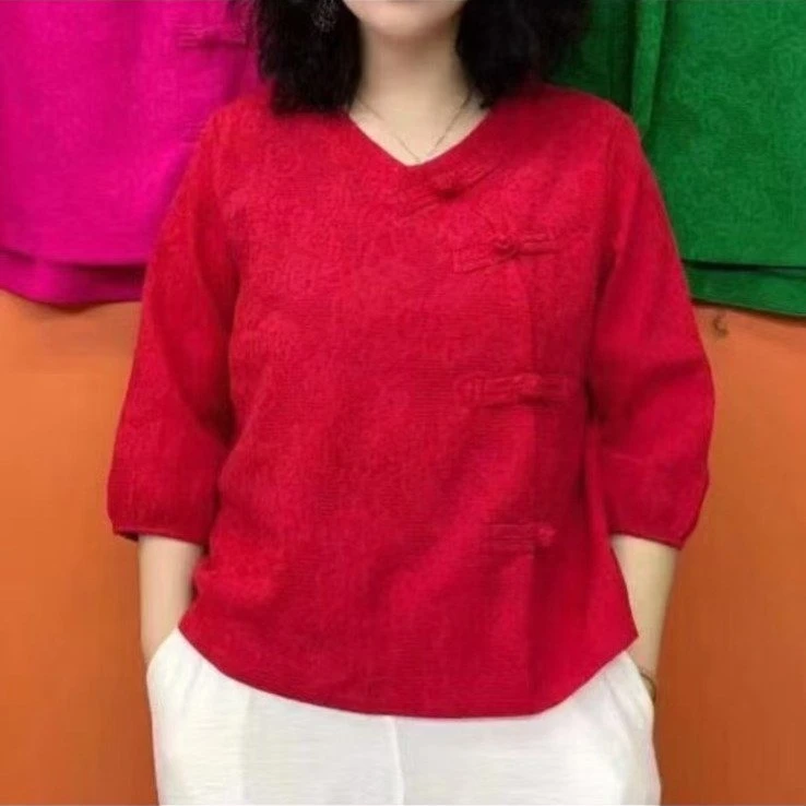 民族风宽松七分袖妈妈装纯色T恤中老年女装夏季新款洋气上衣